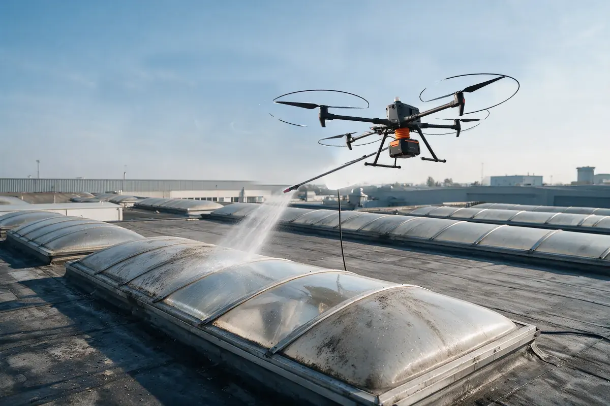Drone che lava i lucernari a cupola di una copertura piana industriale
