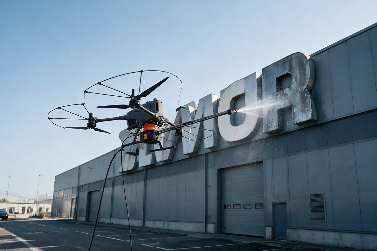 Drone che lava le lettere di un'insegna sulla facciata di un capannone