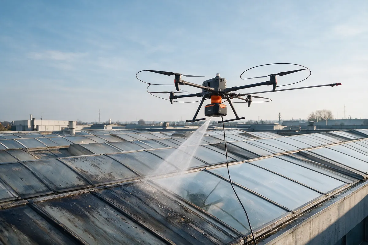 Drone che pulisce i lucernari vetrati di un capannone industriale