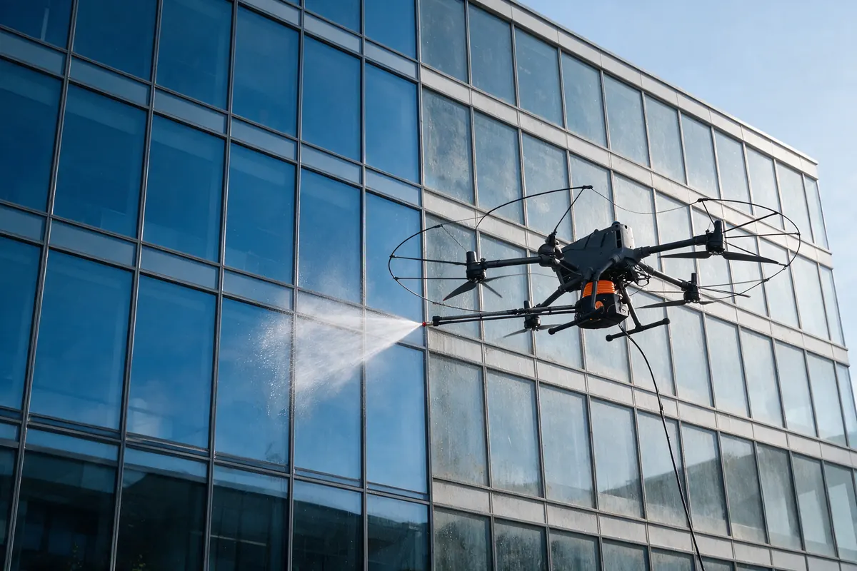 Drone Matrice 400 che lava con acqua osmotizzata la vetrata continua di un edificio per uffici
