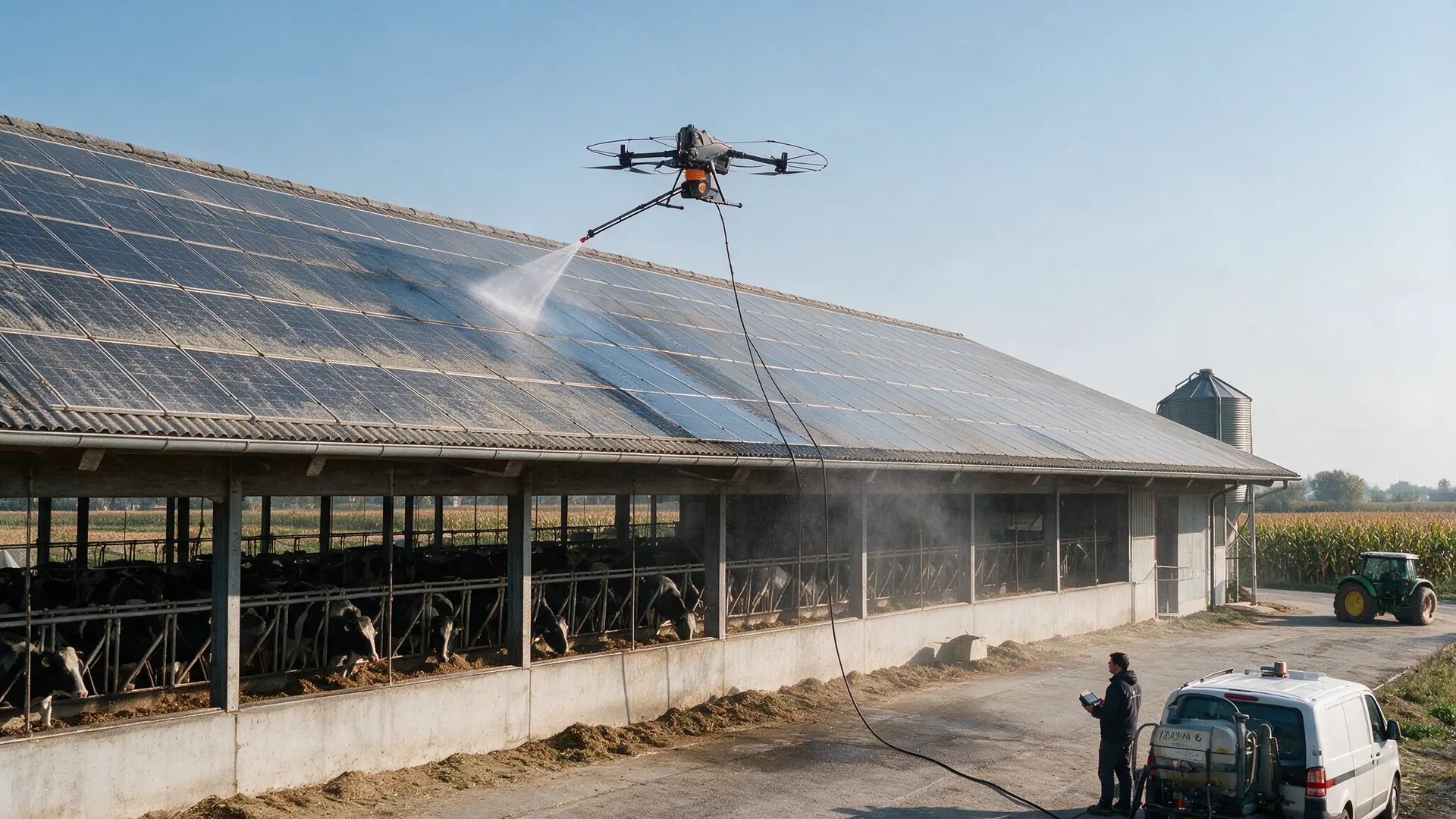 Drone Matrice 400 che lava i pannelli fotovoltaici sul tetto in fibrocemento di una stalla con bovini