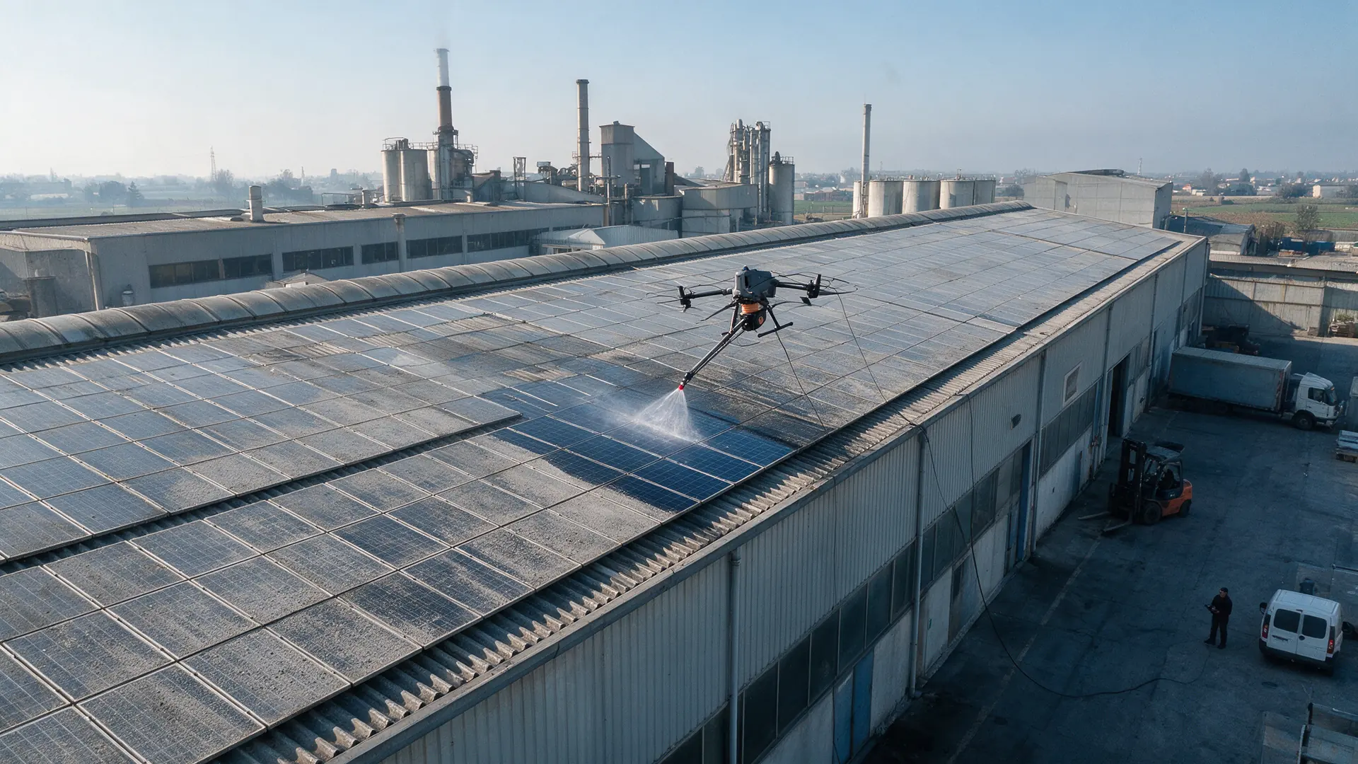 Drone che pulisce i pannelli fotovoltaici coperti di polvere industriale sul tetto di un capannone vicino a una ceramica