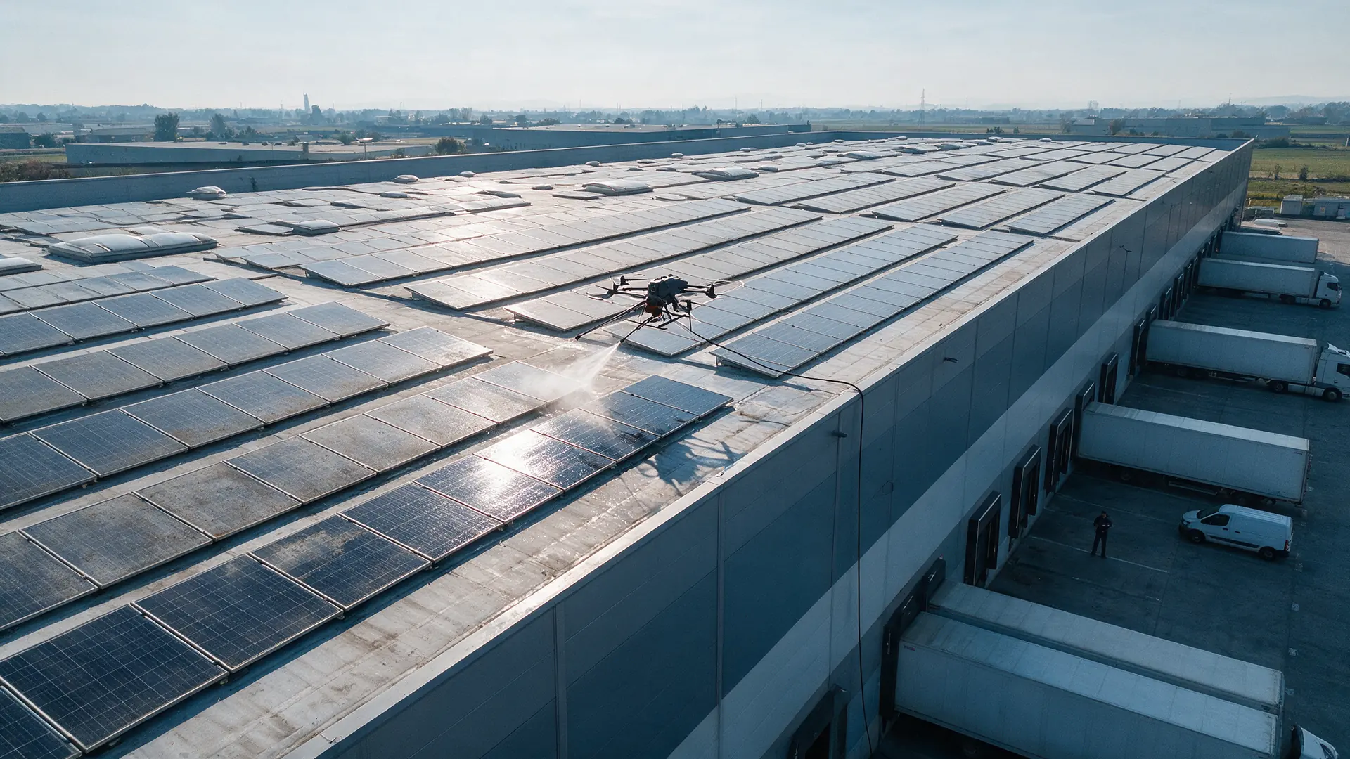 Drone che lava i pannelli fotovoltaici sul tetto piano di un grande centro logistico con camion alle baie di carico