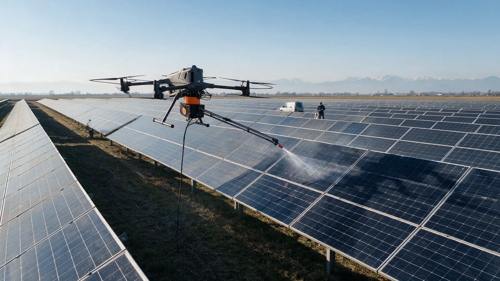 Drone che pulisce le file di pannelli di un parco fotovoltaico a terra in pianura friulana